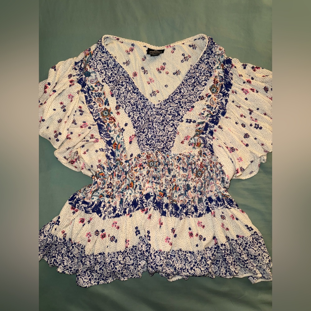 Angie Plus Blue and White Butterfly Sleeve Ruffled Blouse